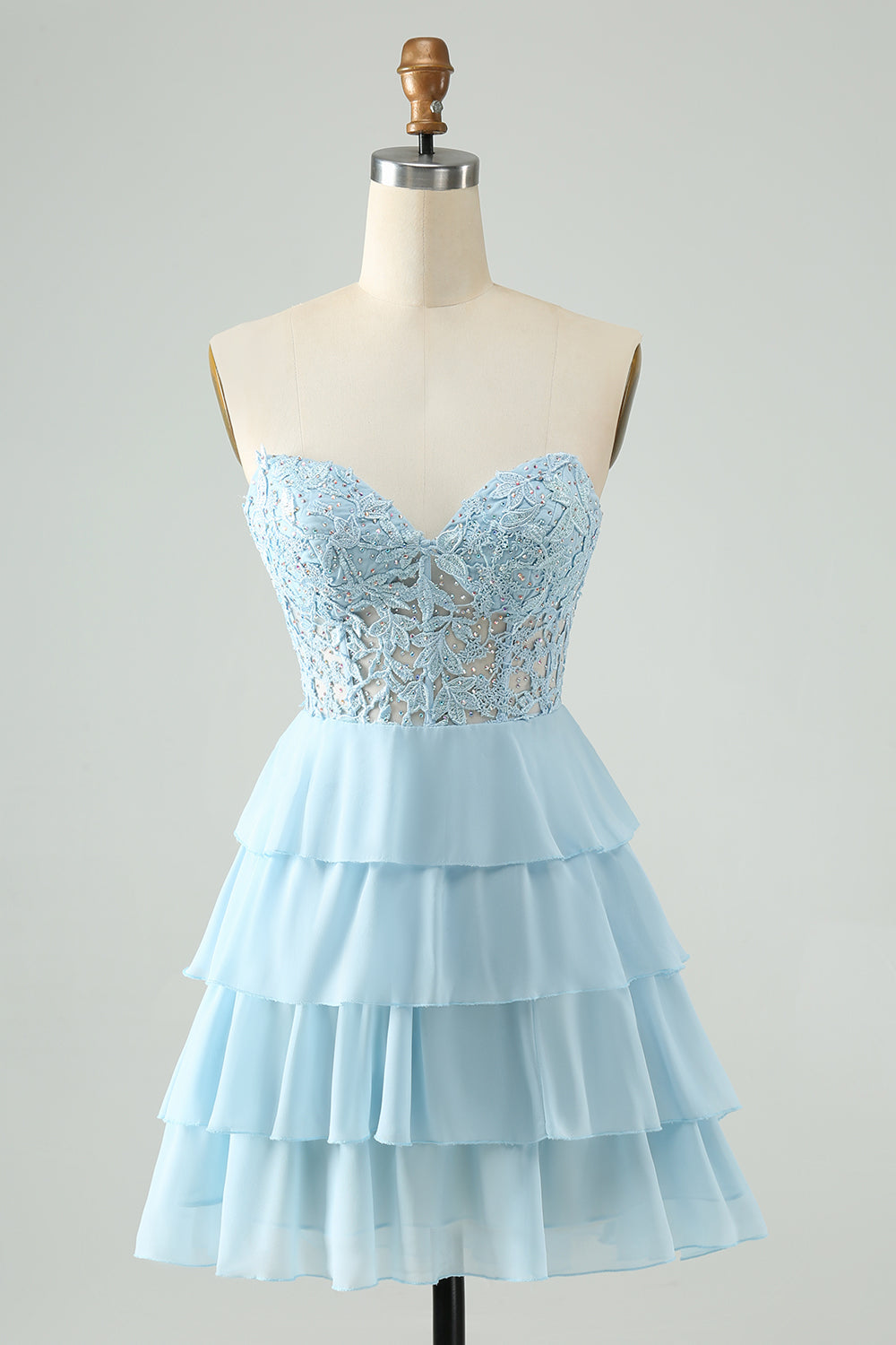 A-Linie Herzausschnitt Stufenkleid Hellblau Kurzes Homecoming-Kleid mit Applikationen