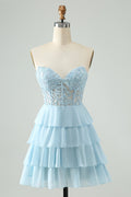 A-Linie Herzausschnitt Stufenkleid Hellblau Kurzes Homecoming-Kleid mit Applikationen