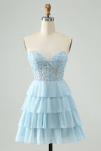 A-Linie Herzausschnitt Stufenkleid Hellblau Kurzes Homecoming-Kleid mit Applikationen