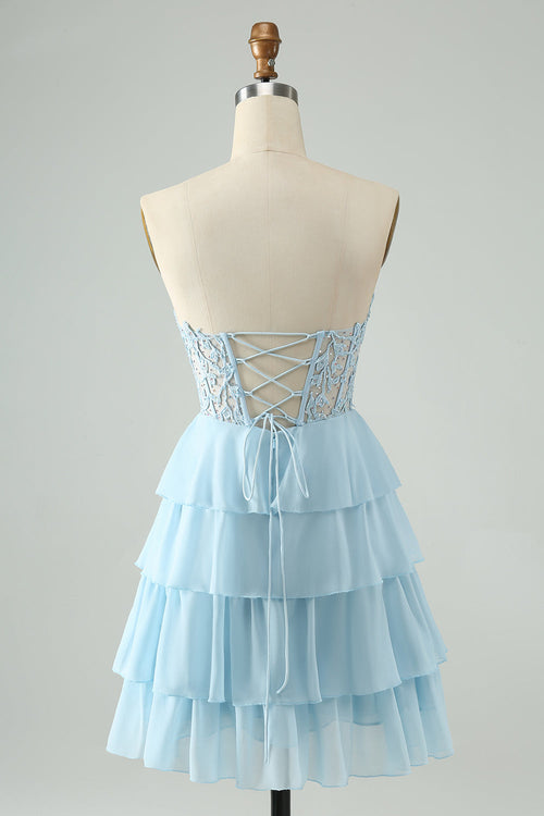 A-Linie Herzausschnitt Stufenkleid Hellblau Kurzes Homecoming-Kleid mit Applikationen