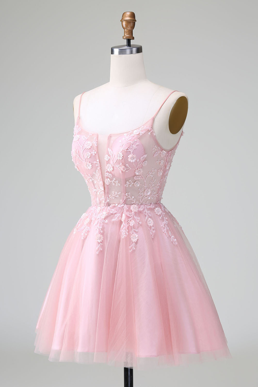 Vestido corto de fiesta con tirantes finos, color rubor, con corsé y apliques