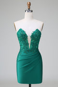 Vestido de fiesta corto, plisado, sin tirantes, ajustado, verde oscuro y elegante con cuentas