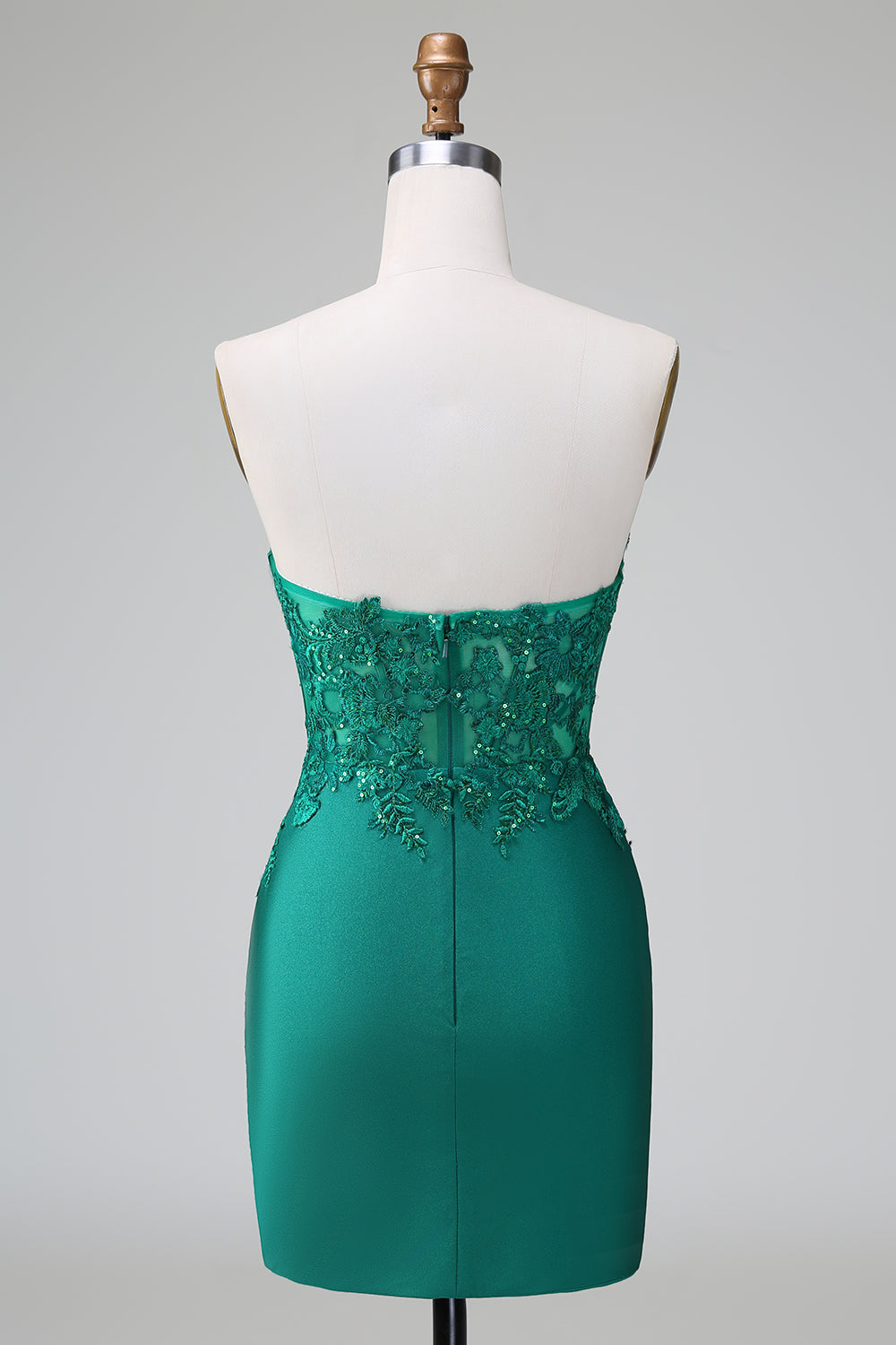 Vestido de fiesta corto, plisado, sin tirantes, ajustado, verde oscuro y elegante con cuentas