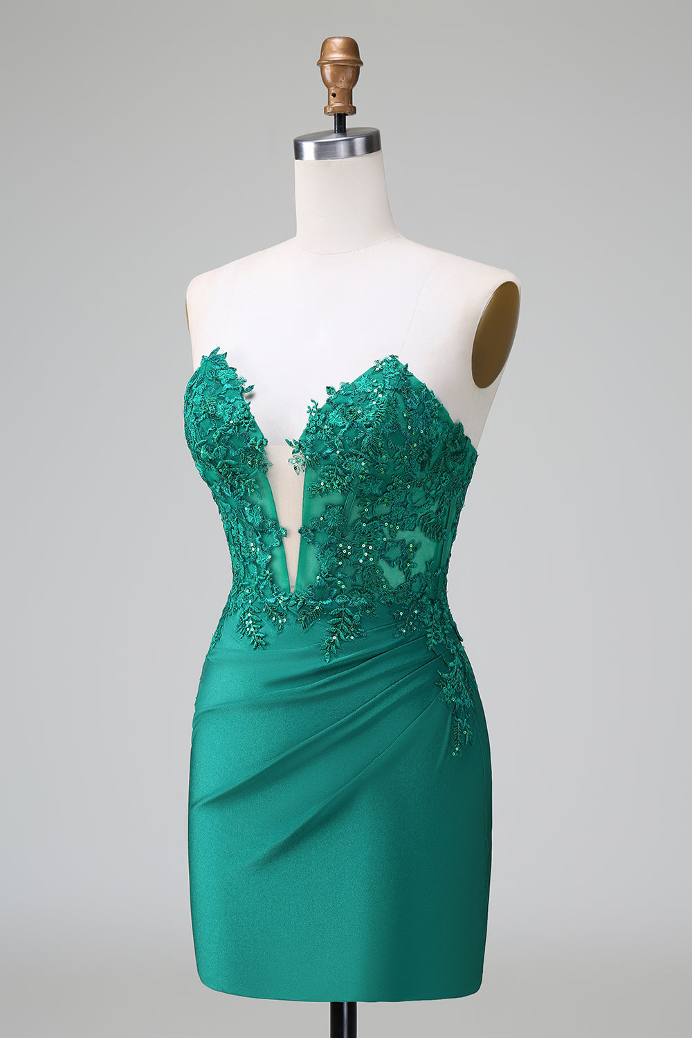 Vestido de fiesta corto, plisado, sin tirantes, ajustado, verde oscuro y elegante con cuentas