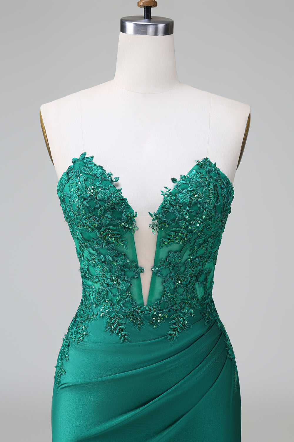 Vestido de fiesta corto, plisado, sin tirantes, ajustado, verde oscuro y elegante con cuentas