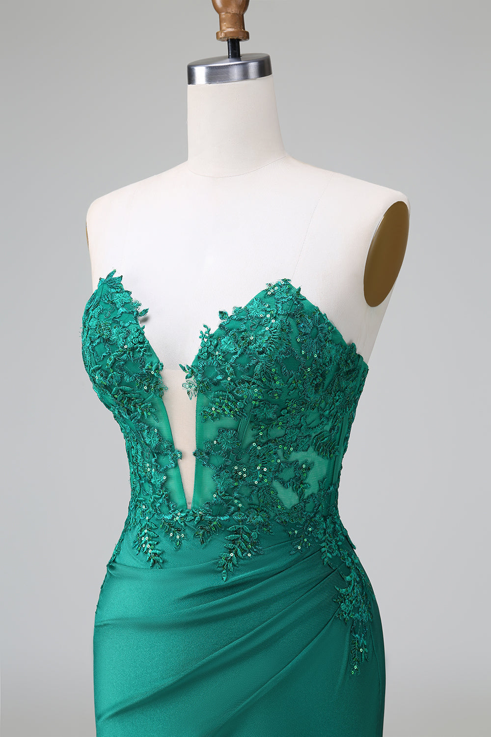 Vestido de fiesta corto, plisado, sin tirantes, ajustado, verde oscuro y elegante con cuentas