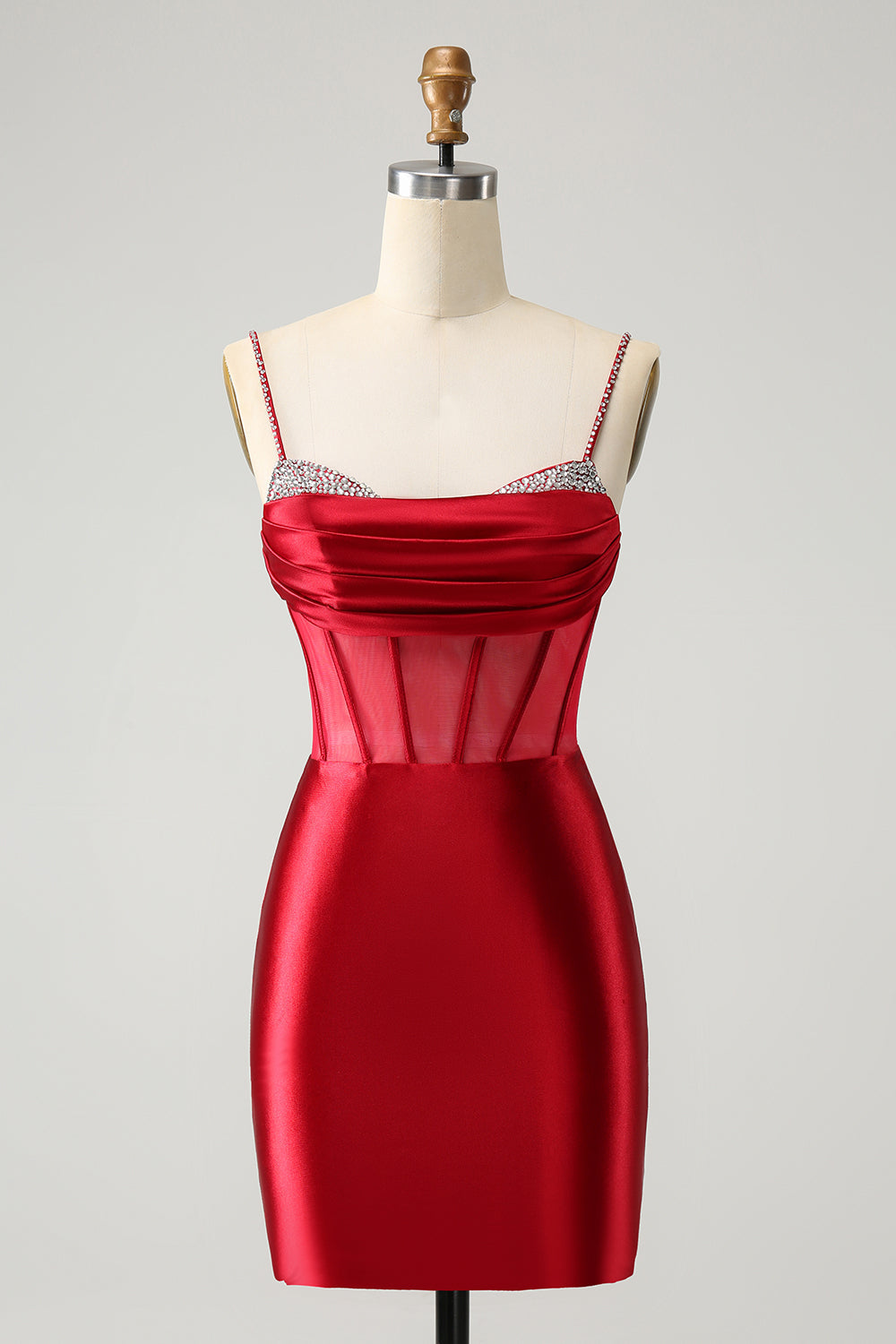 Vestido corto elegante de fiesta con corsé plisado y ajustado en color fucsia con cuentas