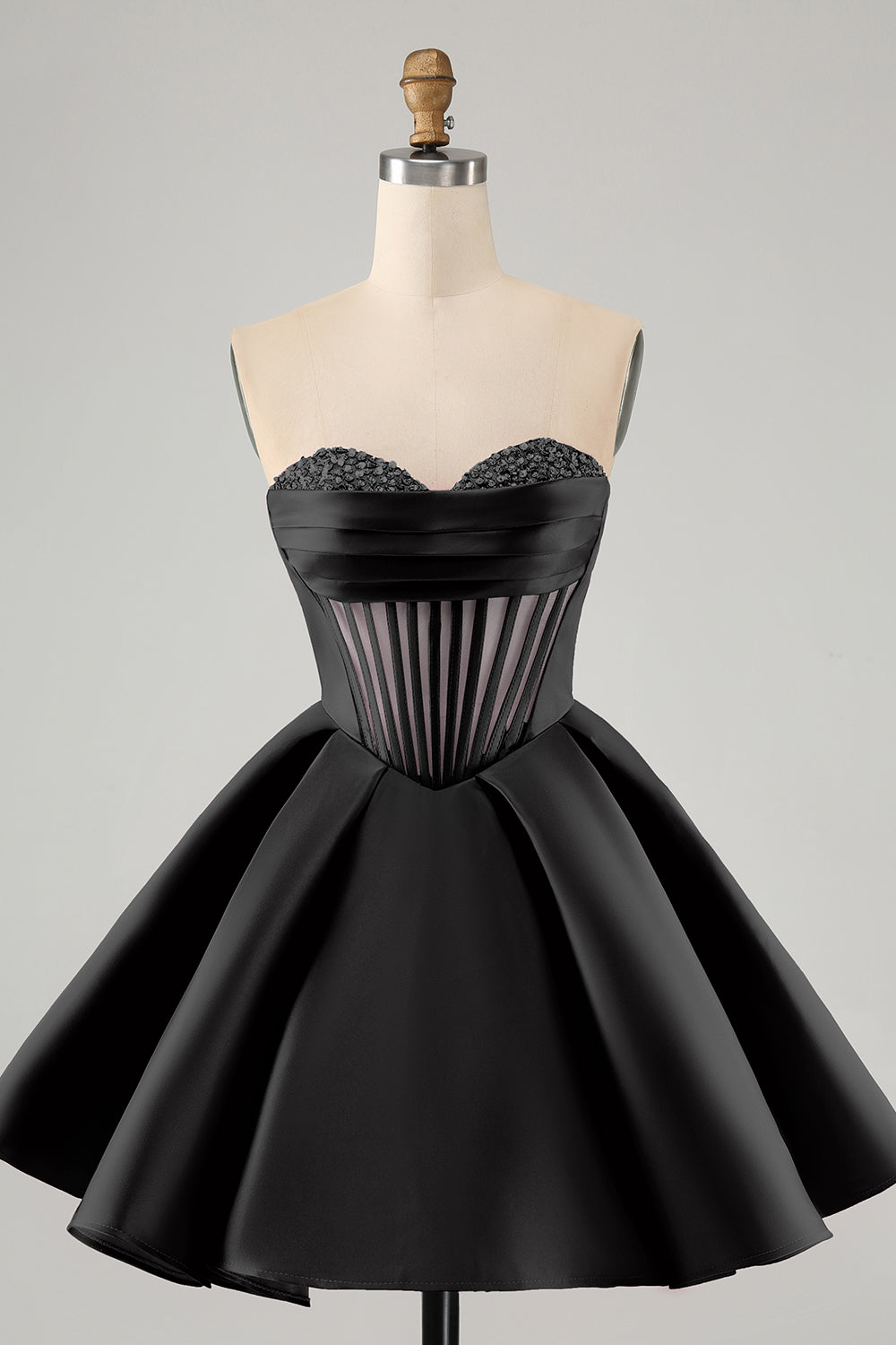 Lindo vestido de fiesta fucsia corto con escote en forma de A y corsé con cuentas