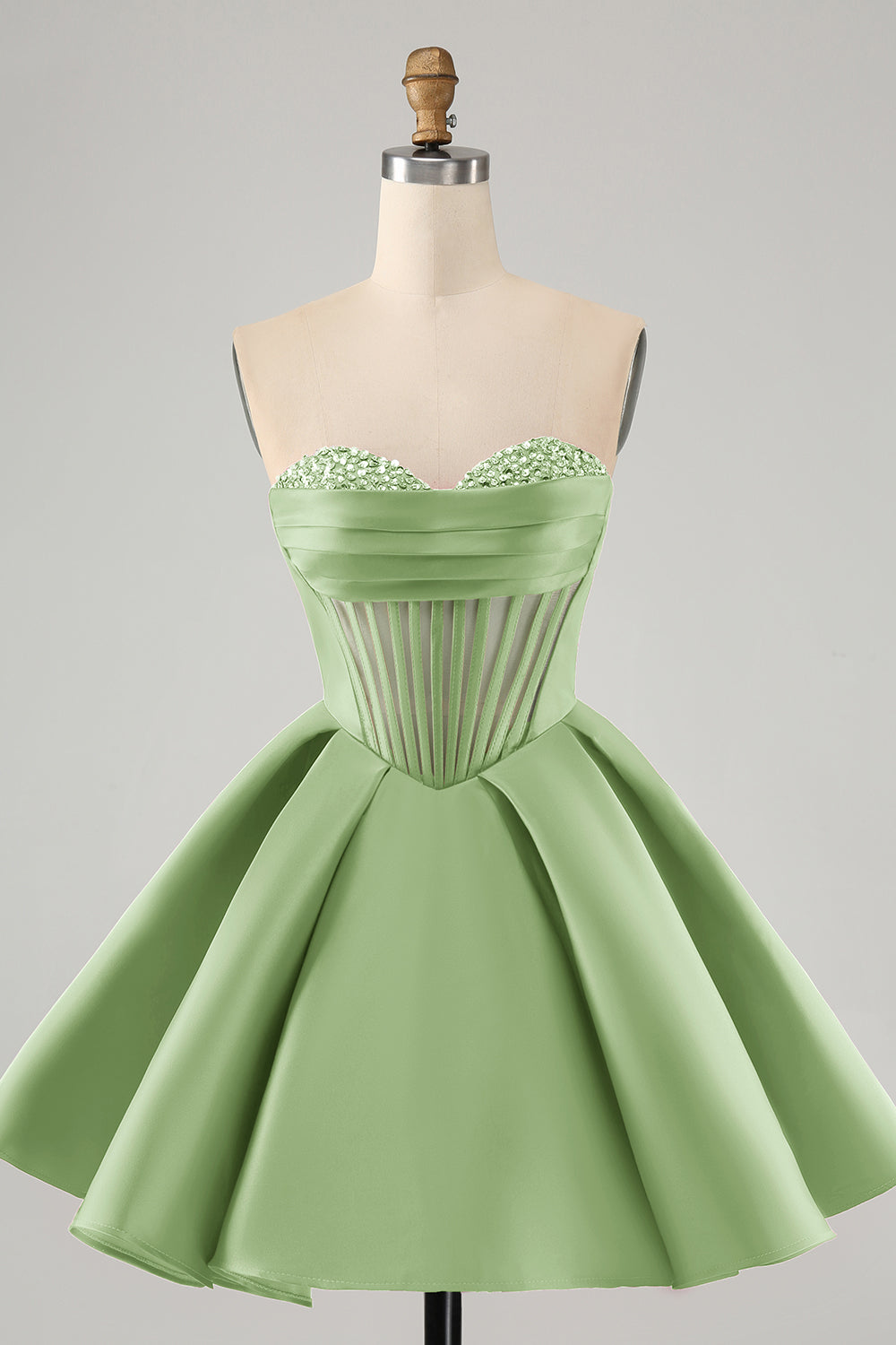 Hermoso vestido de fiesta corto fucsia con escote en forma de A y corsé con cuentas