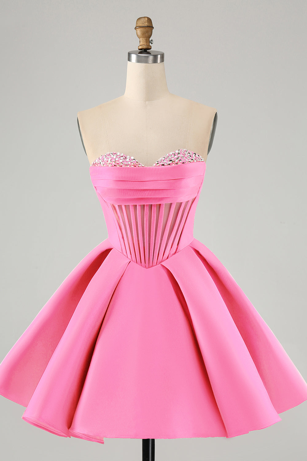 Lindo vestido de fiesta fucsia corto con escote en forma de A y corsé con cuentas
