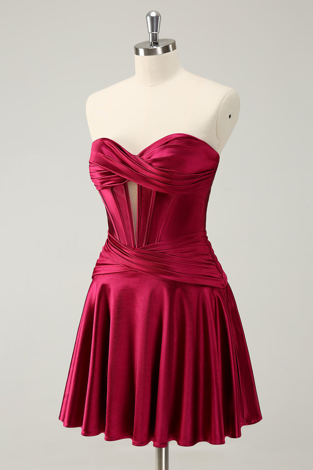 Hermoso vestido de fiesta fucsia con escote en forma de A, corsé cruzado y volantes