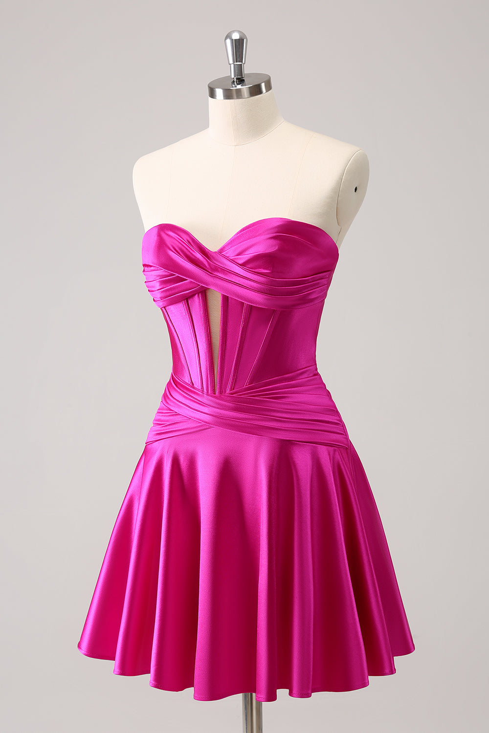 Hermoso vestido de fiesta fucsia con escote en forma de A, corsé cruzado y volantes