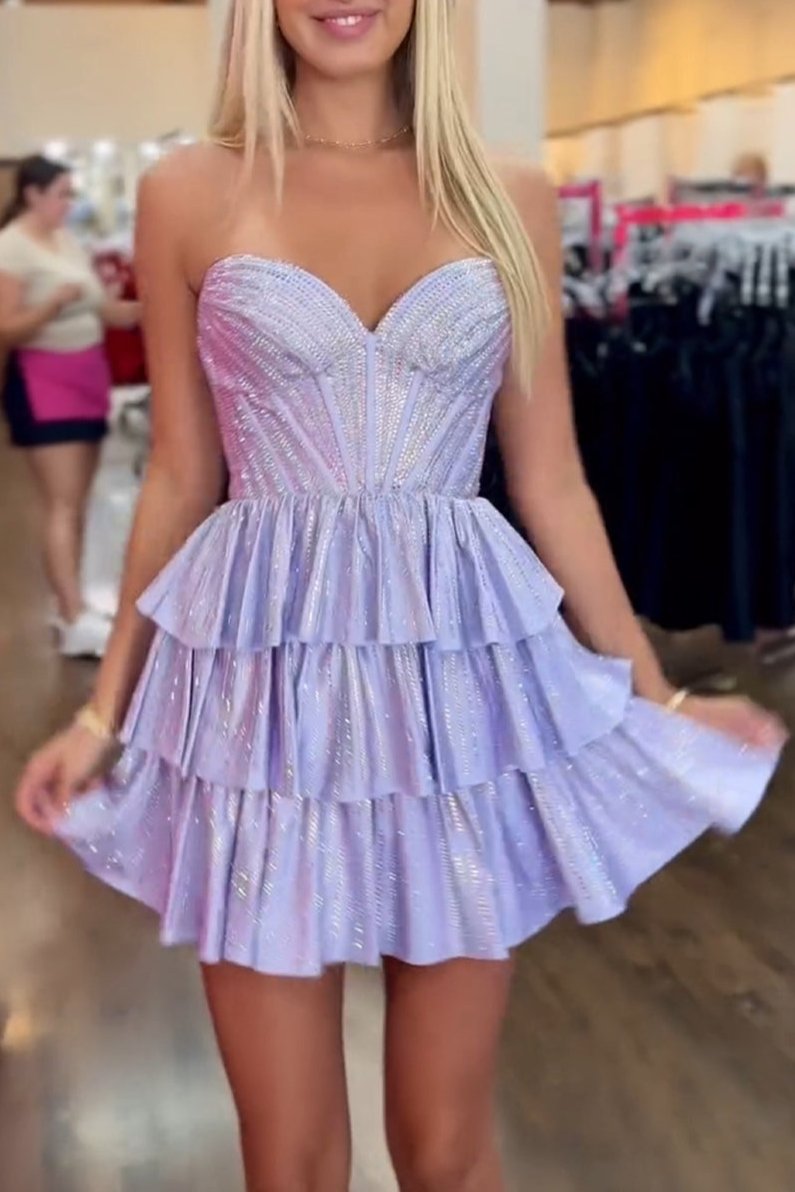 Deb | Vestido de fiesta corto con corsé, corte A, sin tirantes y con purpurina negra y cuentas