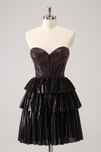 Lindo vestido de fiesta corto con escote en forma de A, corsé y escote en forma de corazón, en negro y rosa, con cuentas