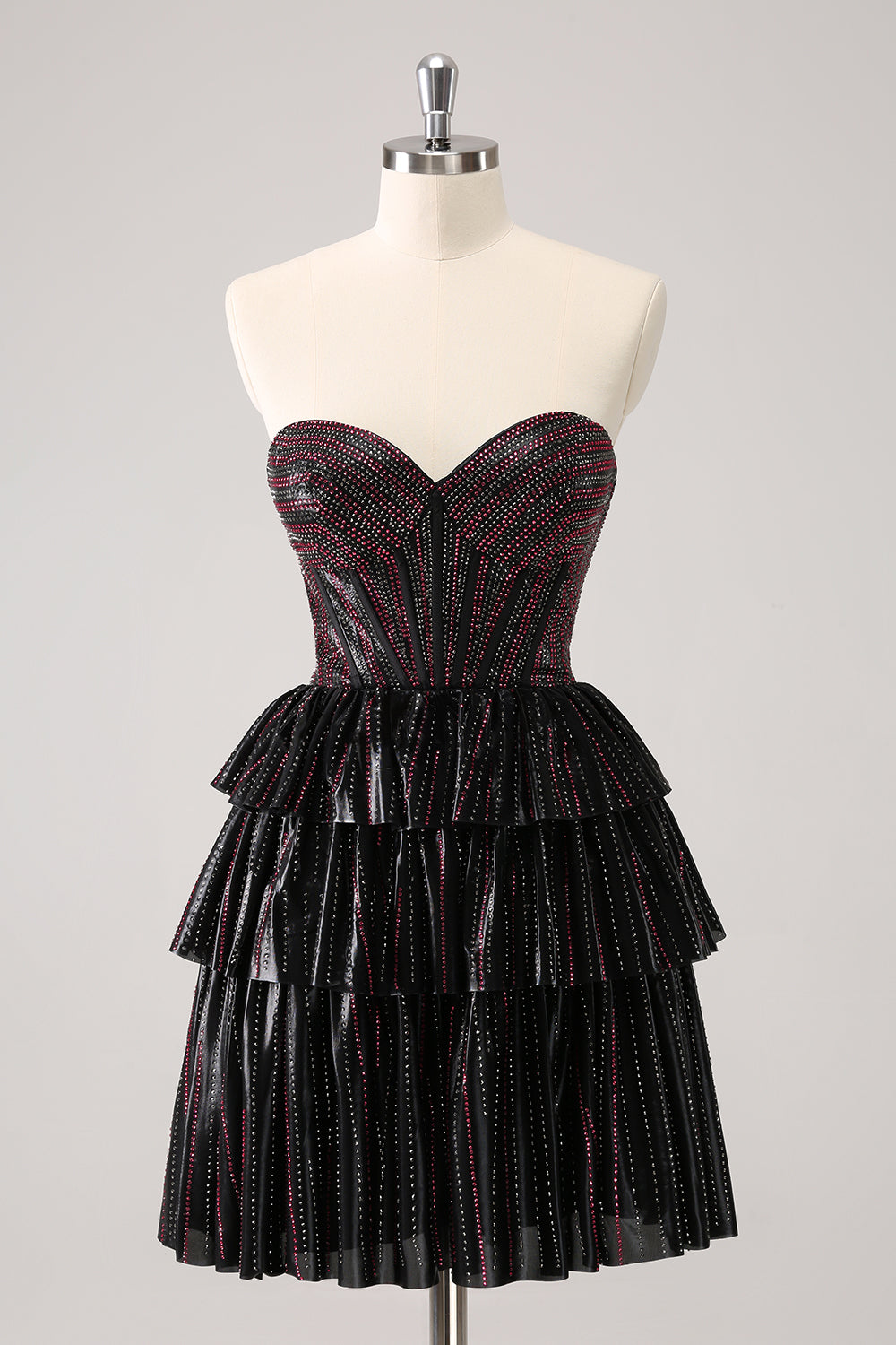 Lindo vestido de fiesta corto con escote en forma de A, corsé y escote en forma de corazón, en negro y rosa, con cuentas
