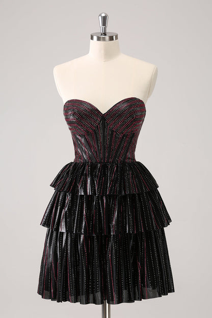 Cute Black Pink A Line Sweetheart Corset Short Homecoming Dress with Beading