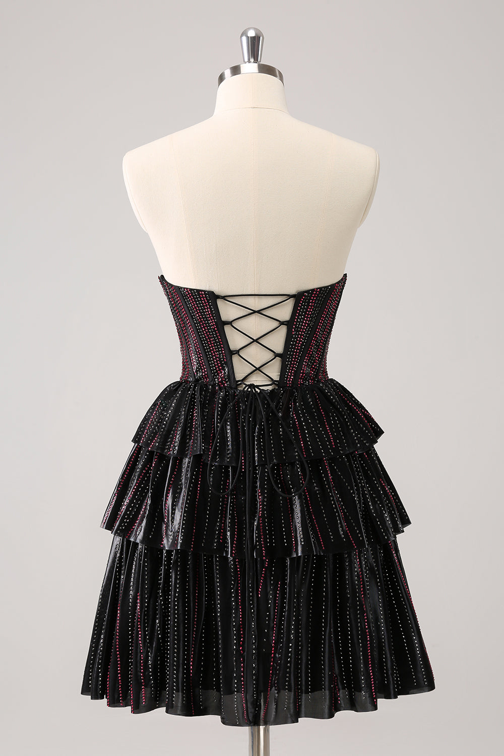 Lindo vestido de fiesta corto con escote en forma de A, corsé y escote en forma de corazón, en negro y rosa, con cuentas