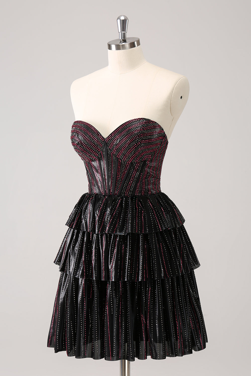 Lindo vestido de fiesta corto con escote en forma de A, corsé y escote en forma de corazón, en negro y rosa, con cuentas