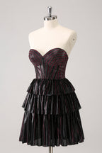 Lindo vestido de fiesta corto con escote en forma de A, corsé y escote en forma de corazón, en negro y rosa, con cuentas