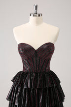 Lindo vestido de fiesta corto con escote en forma de A, corsé y escote en forma de corazón, en negro y rosa, con cuentas