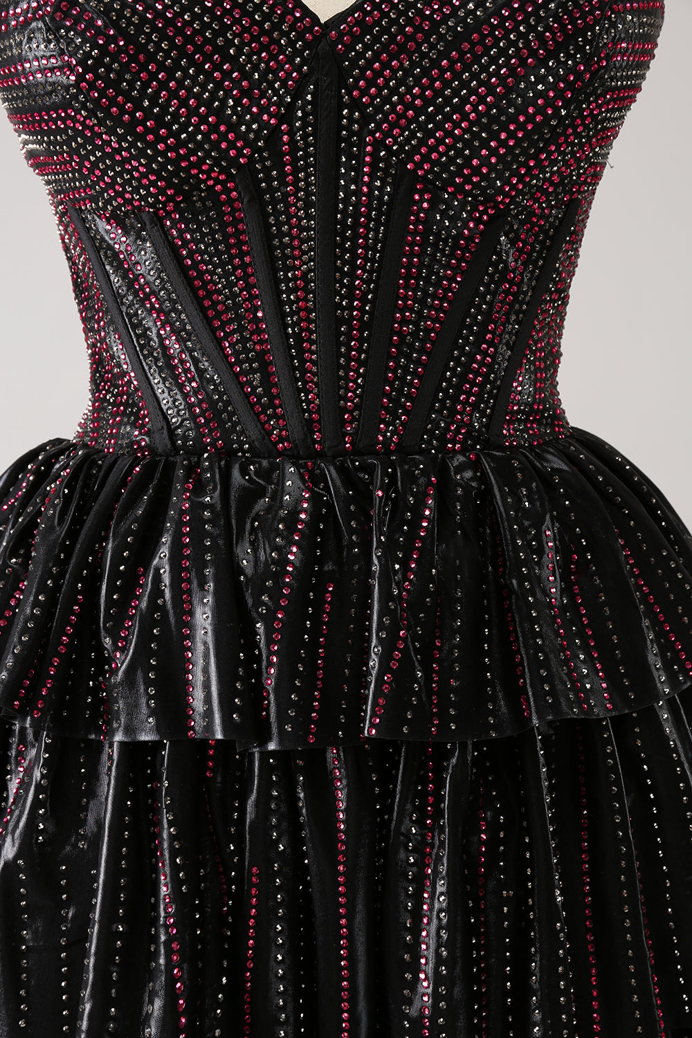 Lindo vestido de fiesta corto con escote en forma de A, corsé y escote en forma de corazón, en negro y rosa, con cuentas
