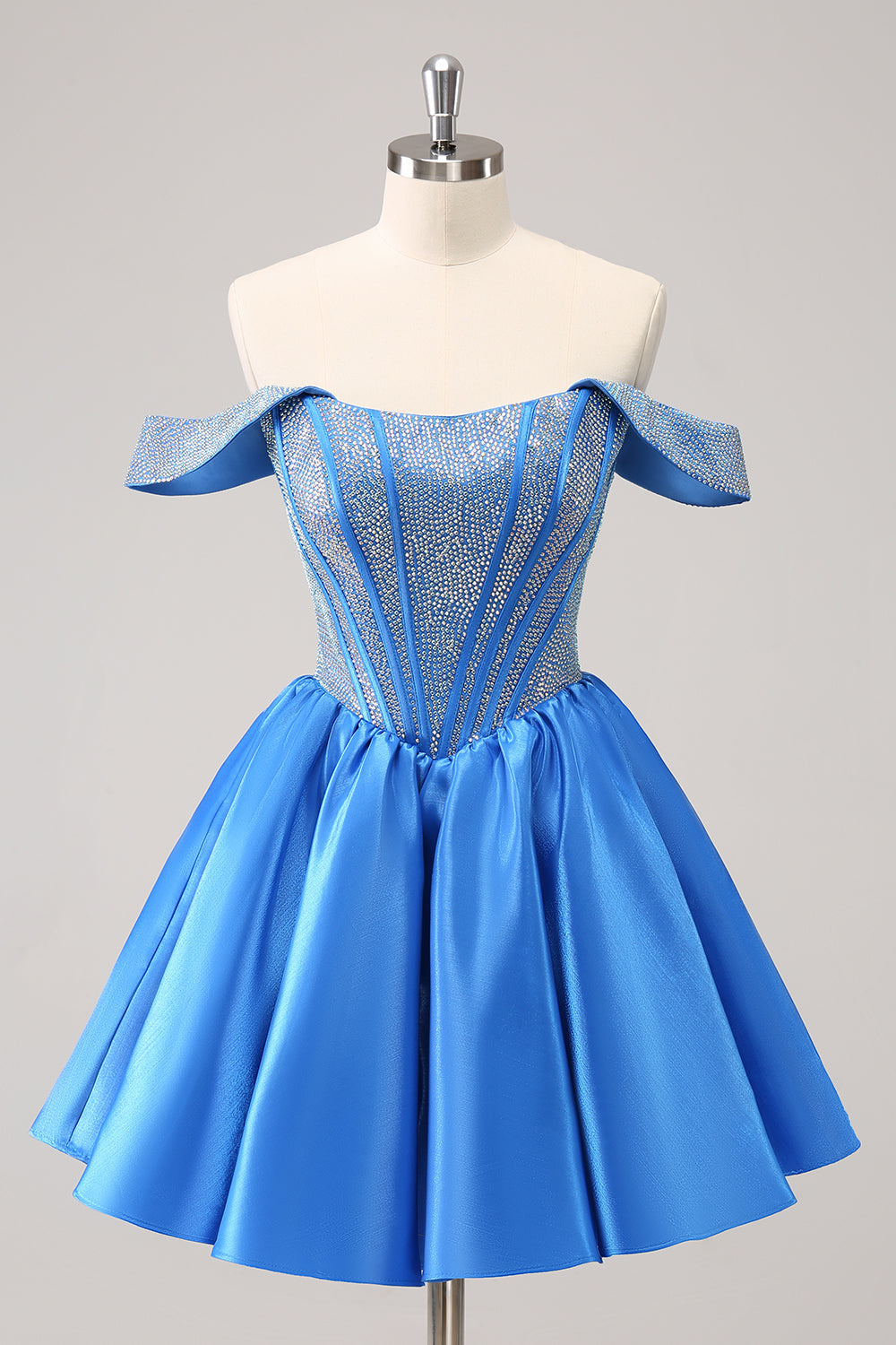 Hermoso vestido de fiesta azul con corsé, corte A, hombros descubiertos y cuentas