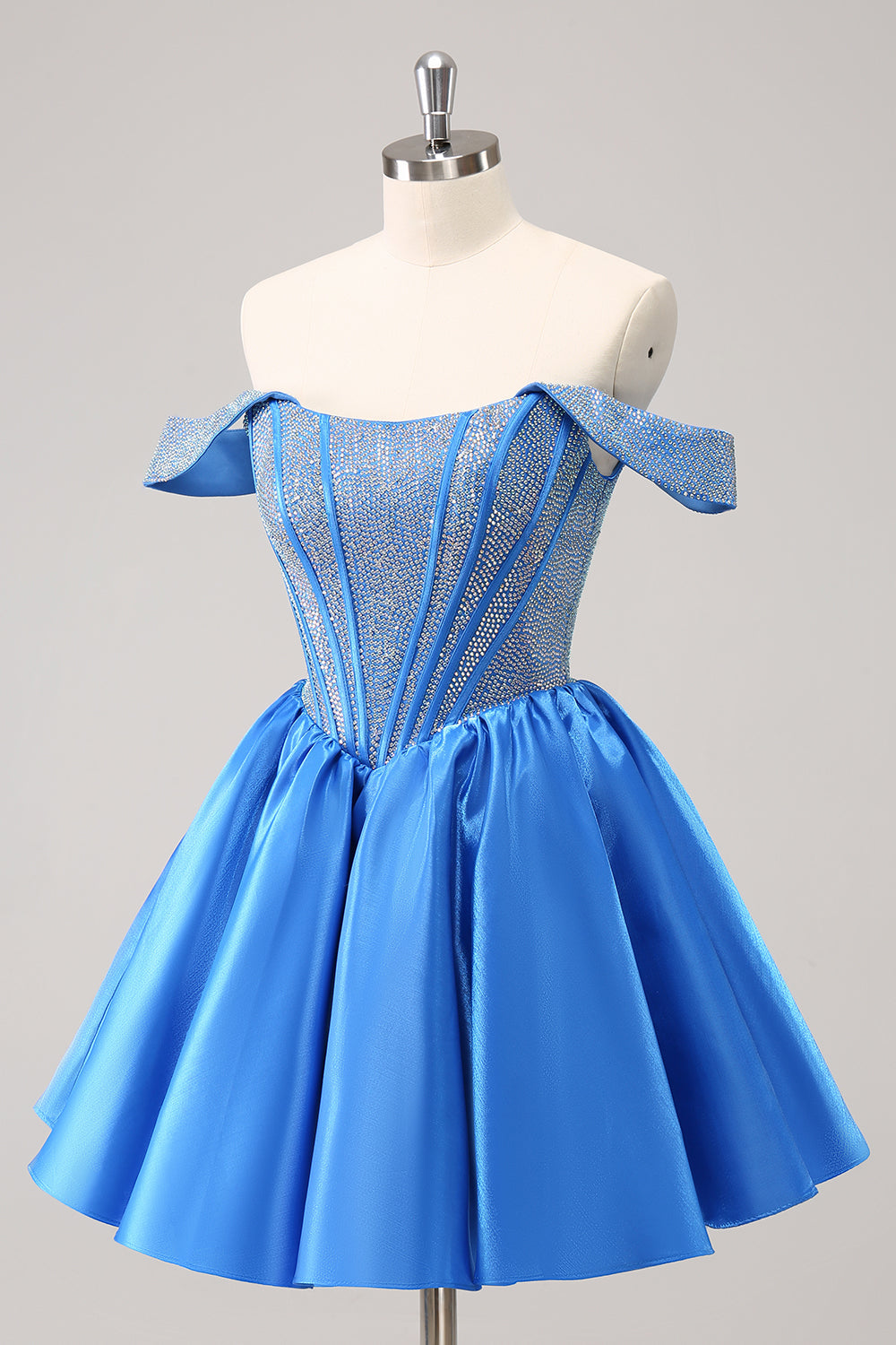 Hermoso vestido de fiesta azul con corsé, corte A, hombros descubiertos y cuentas