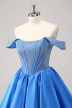 Hermoso vestido de fiesta azul con corsé, corte A, hombros descubiertos y cuentas