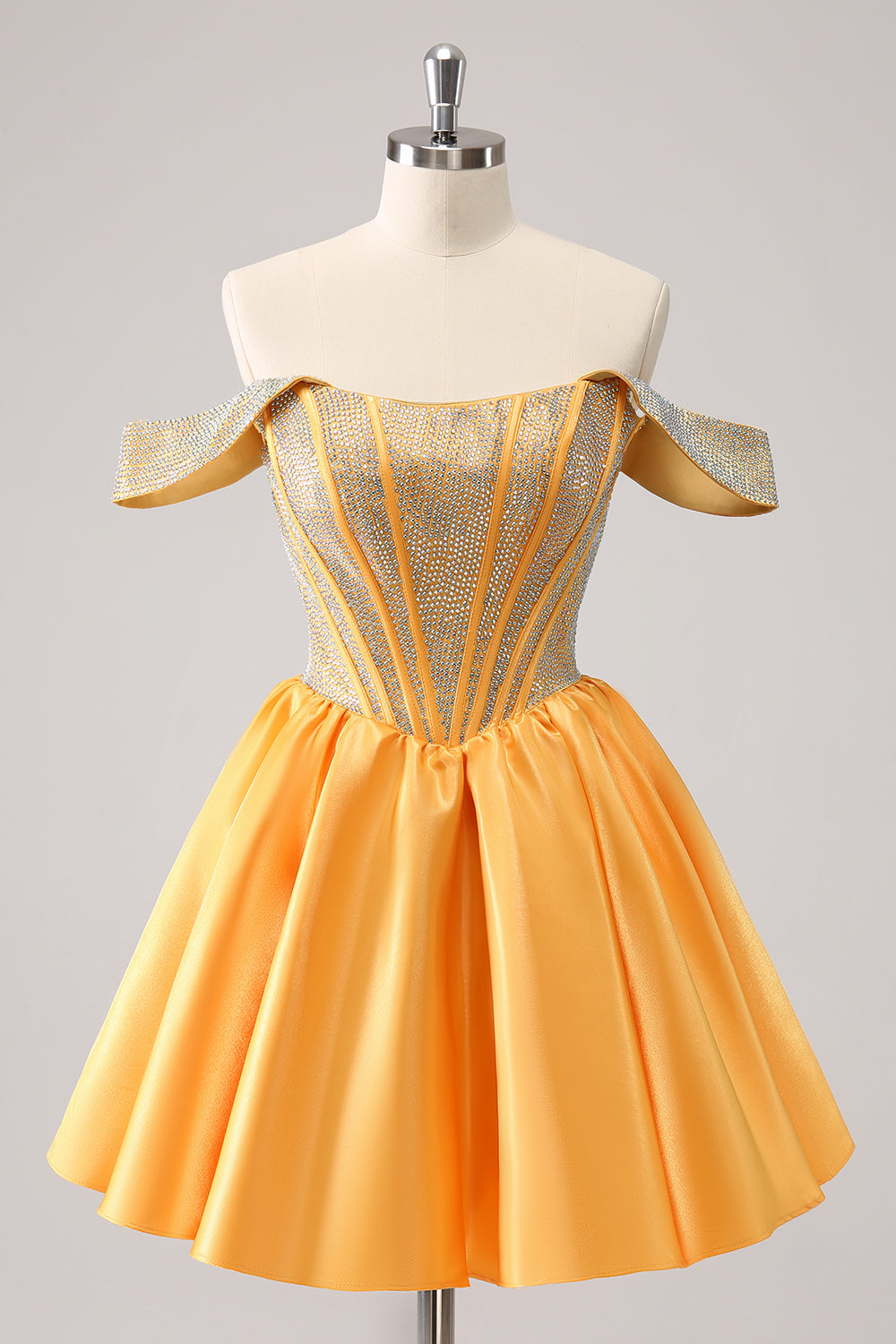 Hermoso vestido de fiesta azul con corsé, corte A, hombros descubiertos y cuentas