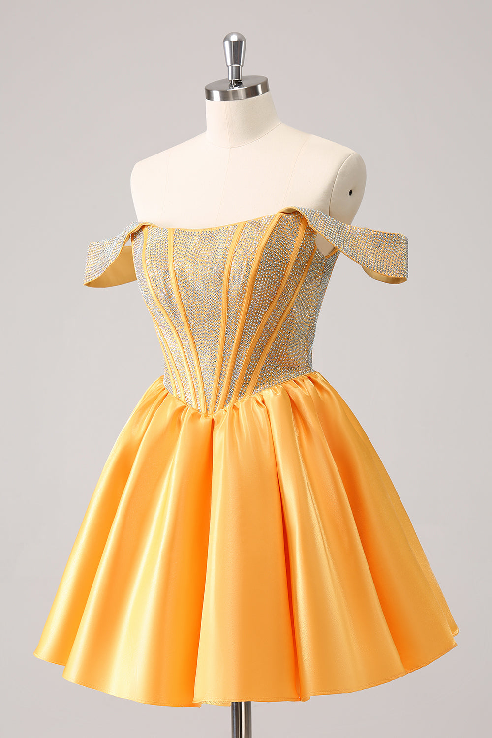Hermoso vestido de fiesta azul con corsé, corte A, hombros descubiertos y cuentas