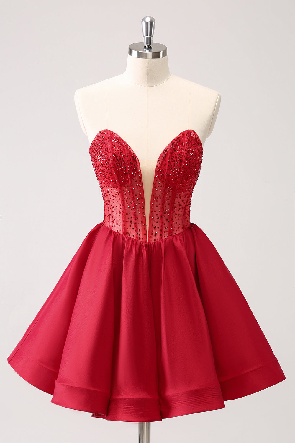 Hermoso vestido rojo de fiesta con volantes, corsé sin tirantes, línea A y cuentas