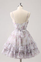 Lindo vestido amarillo de fiesta con corte en A, estampado escalonado, floral y volantes