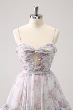 Lindo vestido amarillo de fiesta con corte en A, estampado escalonado, floral y volantes