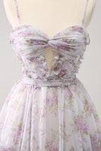 Lindo vestido amarillo de fiesta con corte en A, estampado escalonado, floral y volantes