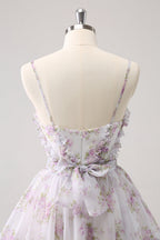 Lindo vestido amarillo de fiesta con corte en A, estampado escalonado, floral y volantes