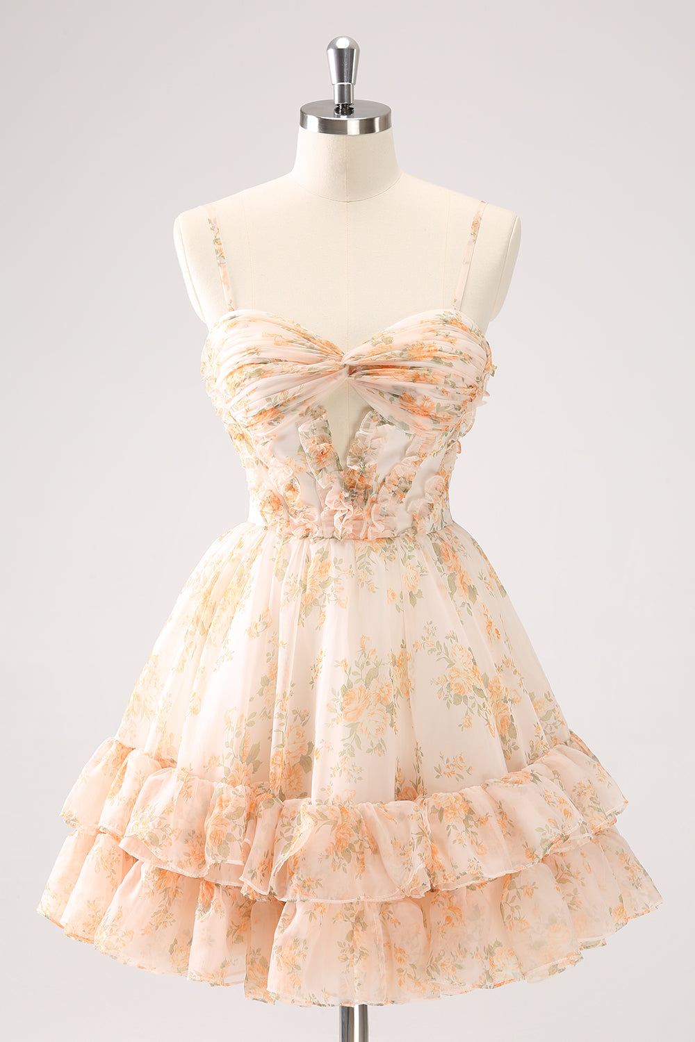 Lindo vestido amarillo de fiesta con corte en A, estampado escalonado, floral y volantes