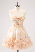 Lindo vestido amarillo de fiesta con corte en A, estampado escalonado, floral y volantes