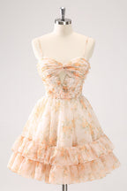 Lindo vestido amarillo de fiesta con corte en A, estampado escalonado, floral y volantes