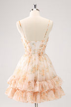 Hermoso vestido de fiesta lila con corte en A, estampado escalonado, floral y volantes