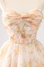 Lindo vestido amarillo de fiesta con corte en A, estampado escalonado, floral y volantes