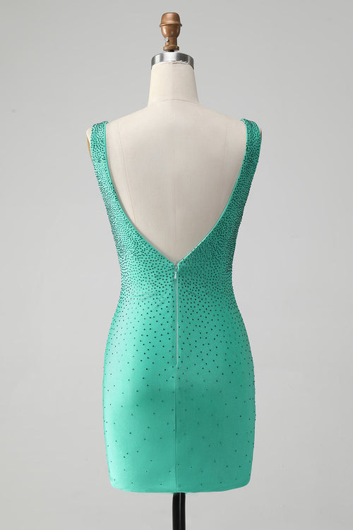 Vestido de fiesta corto, elegante, ajustado, con escote en V, espalda descubierta y cuentas, color verde