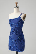 Vestido de fiesta elegante, ajustado, de un solo hombro, con lentejuelas y bordado en rosa brillante