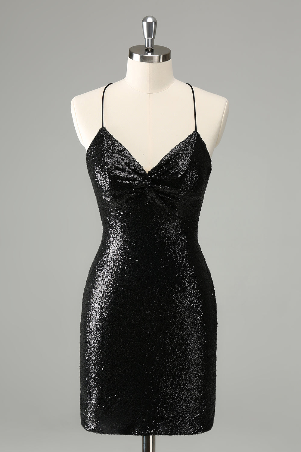 Schwarzes, figurbetontes, kurzes Homecoming-Kleid mit Spaghettiträgern und Pailletten und Schnürung am Rücken