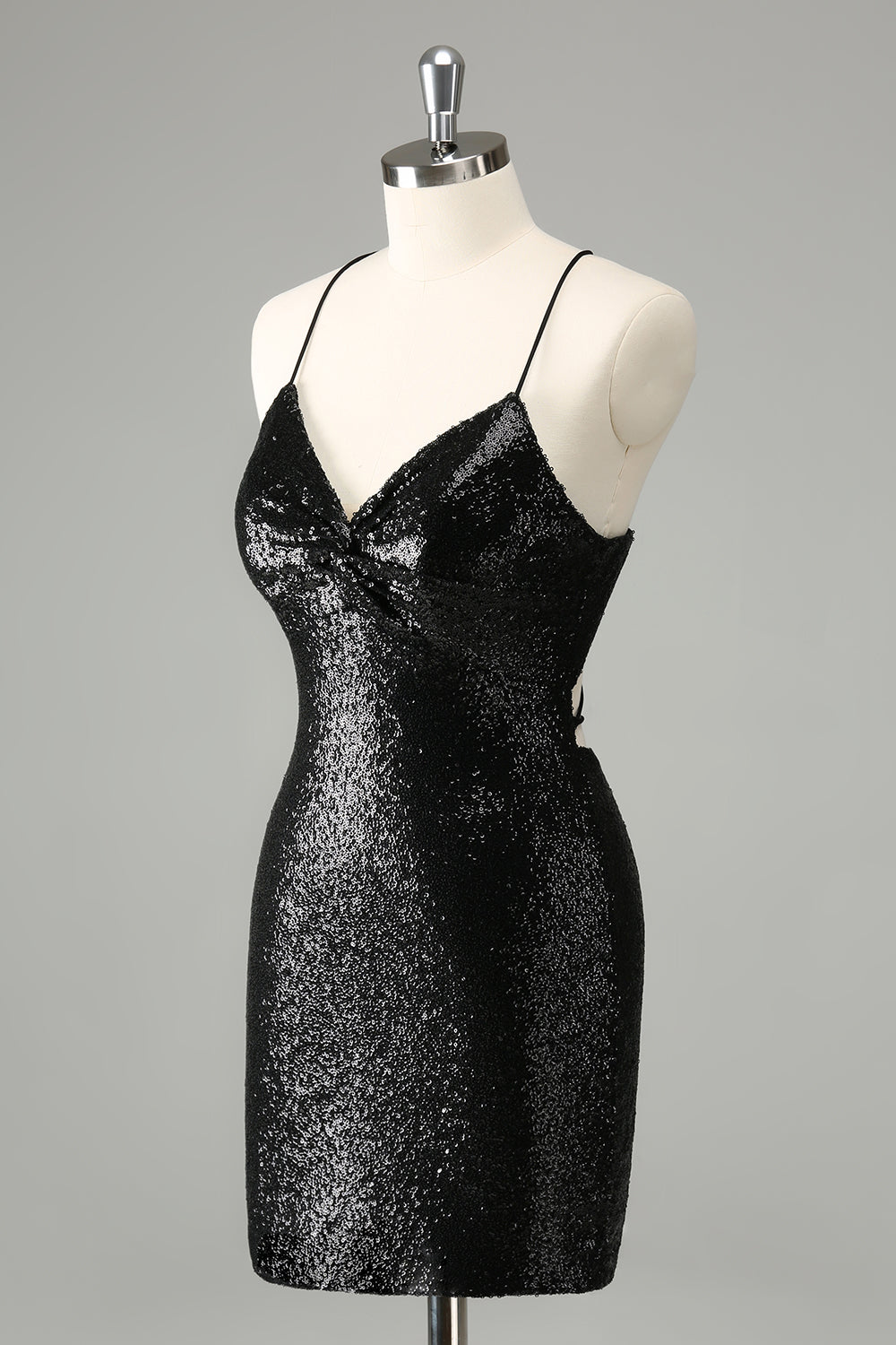 Schwarzes, figurbetontes, kurzes Homecoming-Kleid mit Spaghettiträgern und Pailletten und Schnürung am Rücken