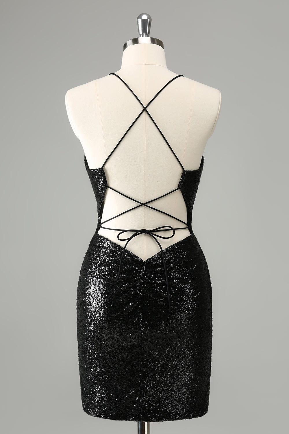 Schwarzes, figurbetontes, kurzes Homecoming-Kleid mit Spaghettiträgern und Pailletten und Schnürung am Rücken