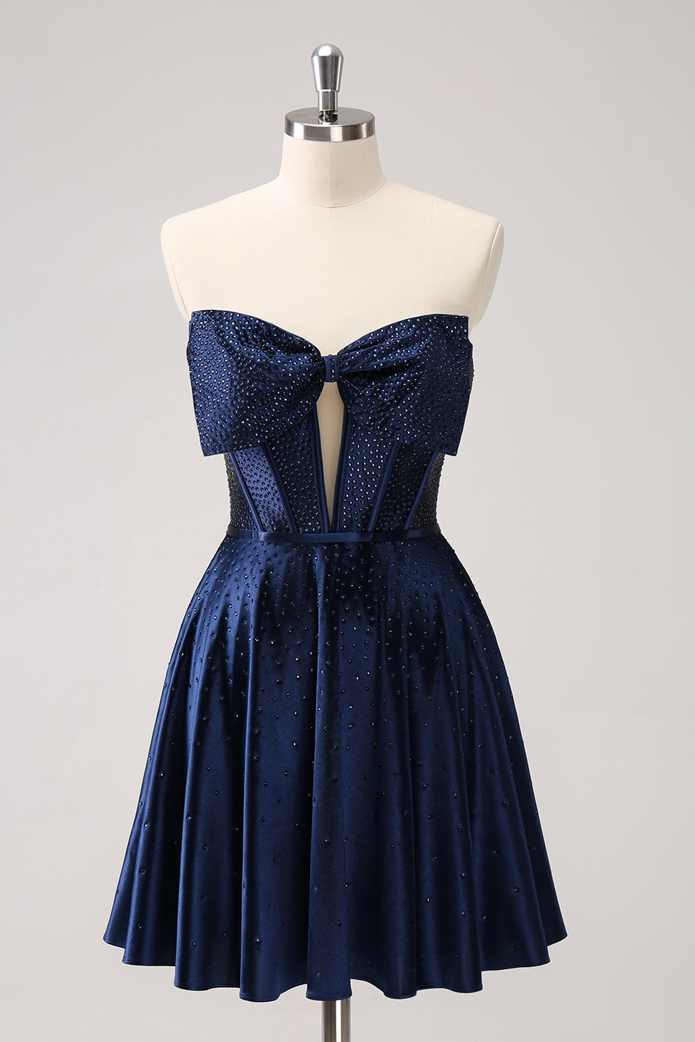 Hermoso vestido de fiesta azul marino de corte A sin tirantes, con corsé calado, cuentas y lazo