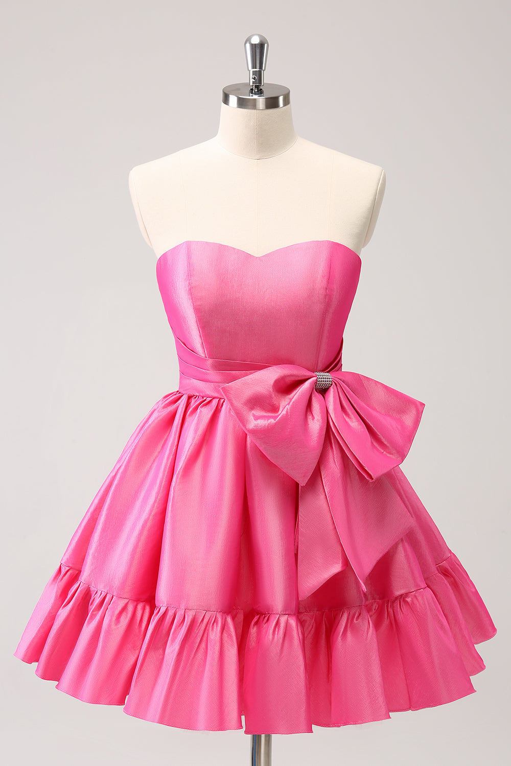 Bonito vestido de fiesta corto plisado sin tirantes, de corte A, color rosa intenso, con lazo