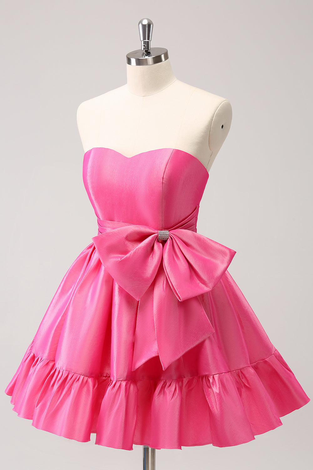 Bonito vestido de fiesta corto plisado sin tirantes, de corte A, color rosa intenso, con lazo