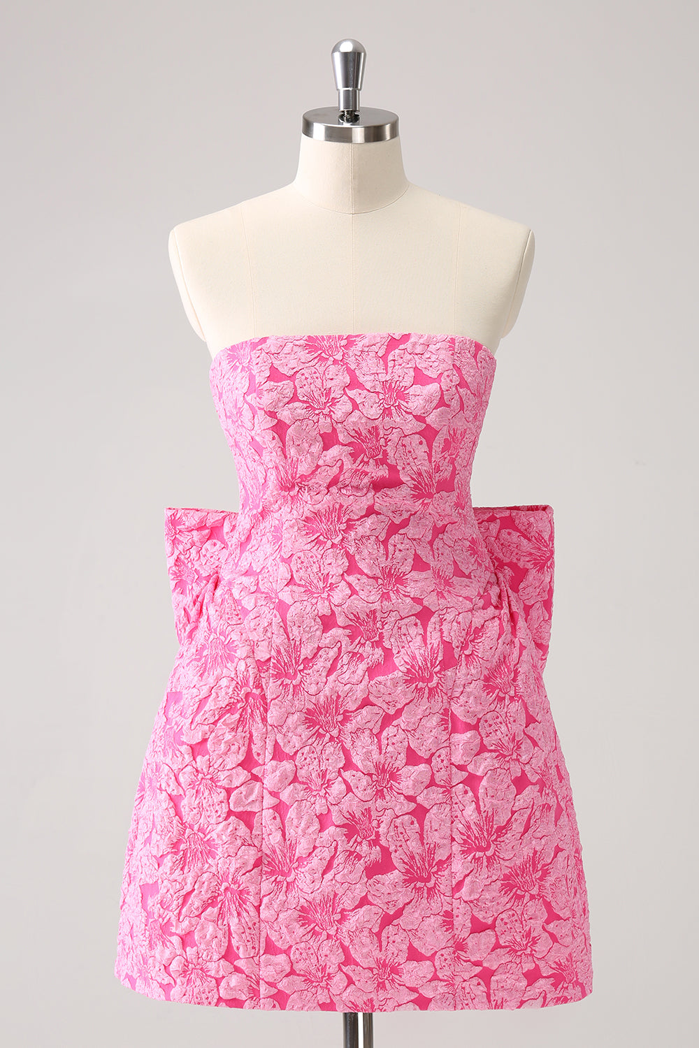 Bonito vestido de fiesta corto rosa intenso con estampado de línea A, sin tirantes y lazo