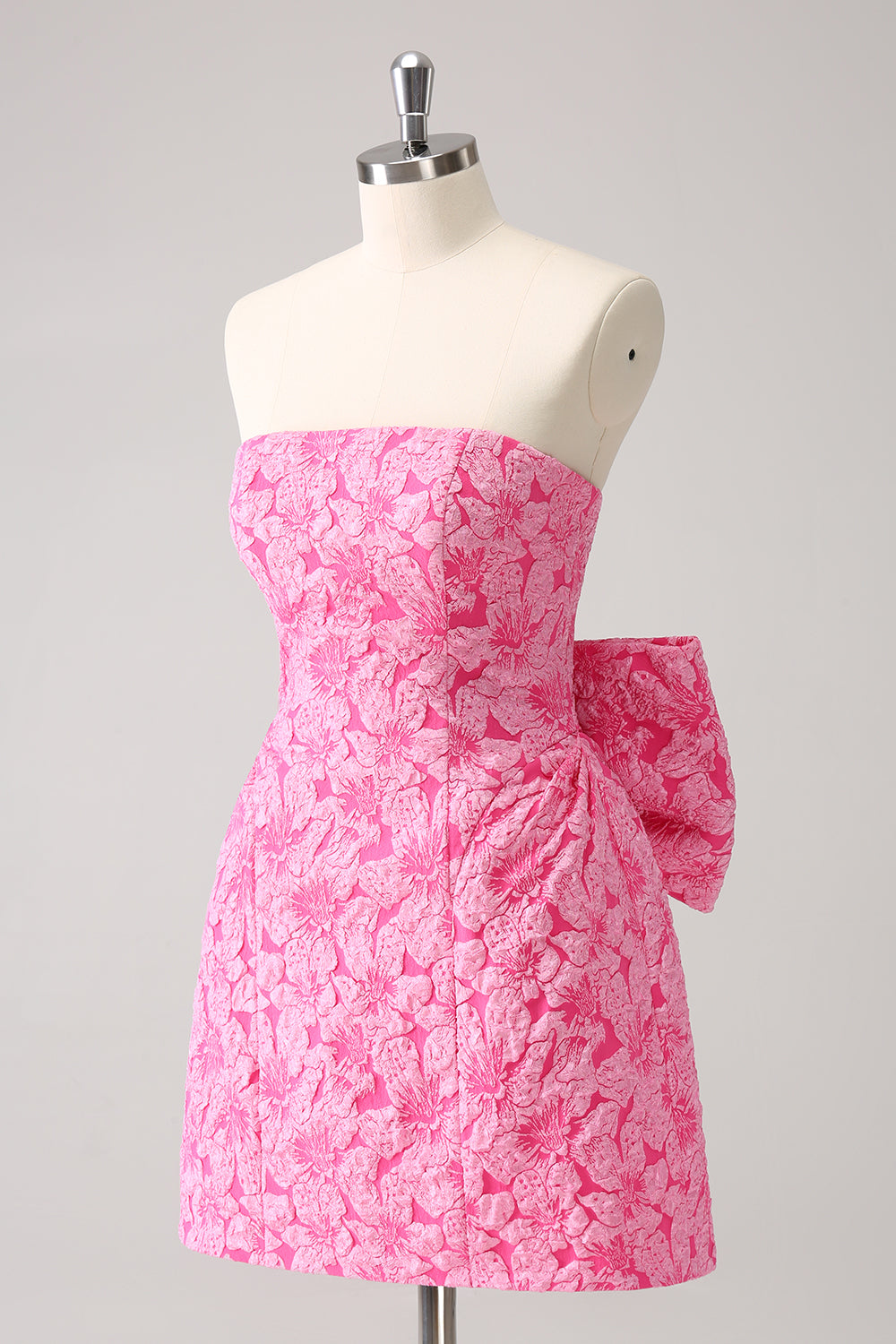Bonito vestido de fiesta corto rosa intenso con estampado de línea A, sin tirantes y lazo